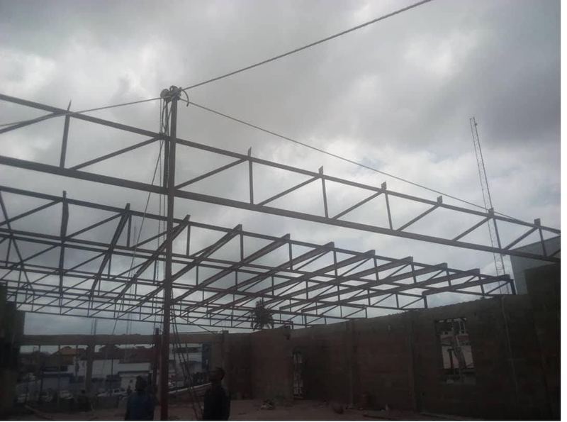 Steel roof trusses during erection
